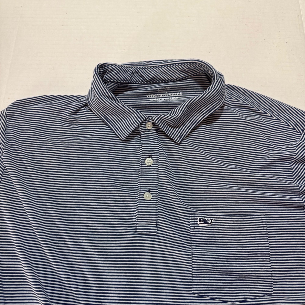 Vineyard Vines Edgartown Polo Mens XL Navy Blue White Striped Pima Cotton Blend